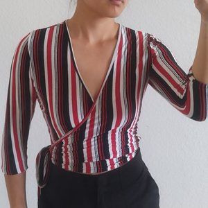 Polly & Esther Red/Black/White Striped Wrap Top [Small]